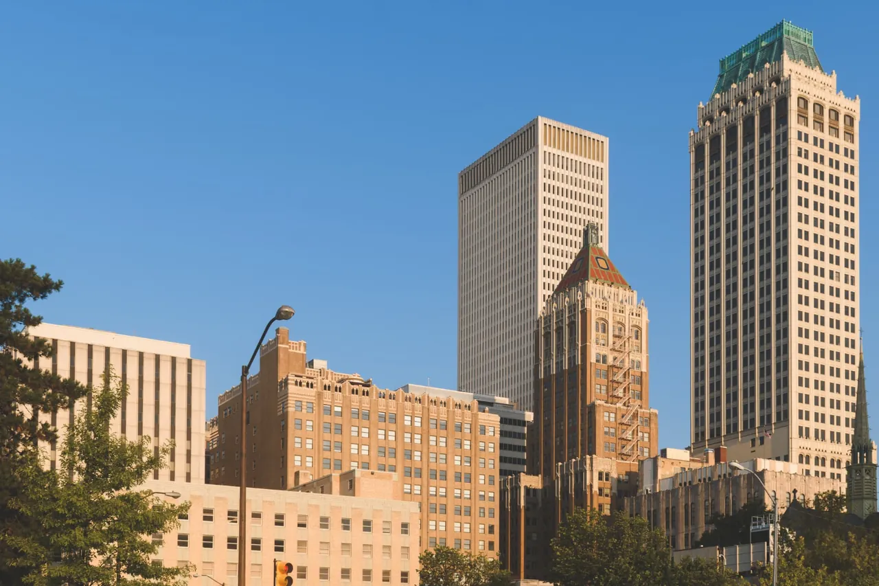 Downtown Tulsa's Art Deco towers in early morning light.